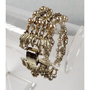 Vintage 1990's Signed Star 5 Strand Gray Pearl Beads Chains 6 1/2 Bracelet